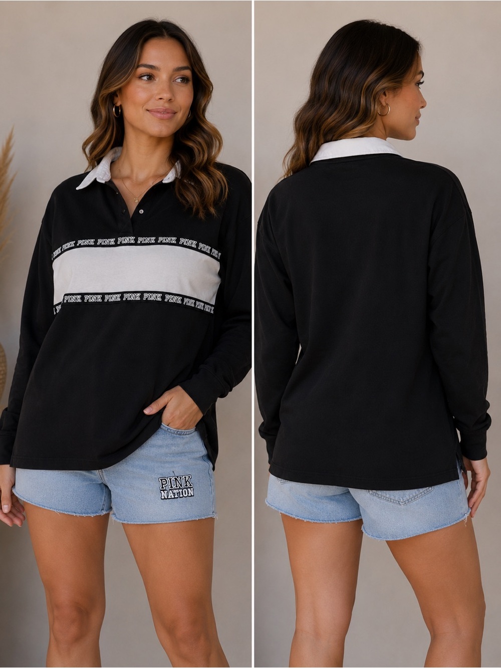 PINK Victoria’s Secret Black‎ Rugby Shirt 100% Cotton XS